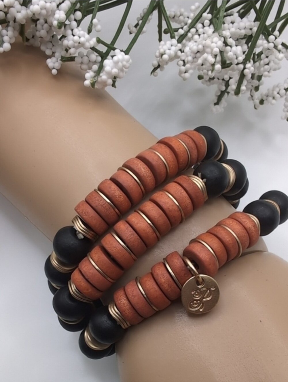 Plunder Stacked Beaded Stretch Bracelet Set in Terracotta and Black
